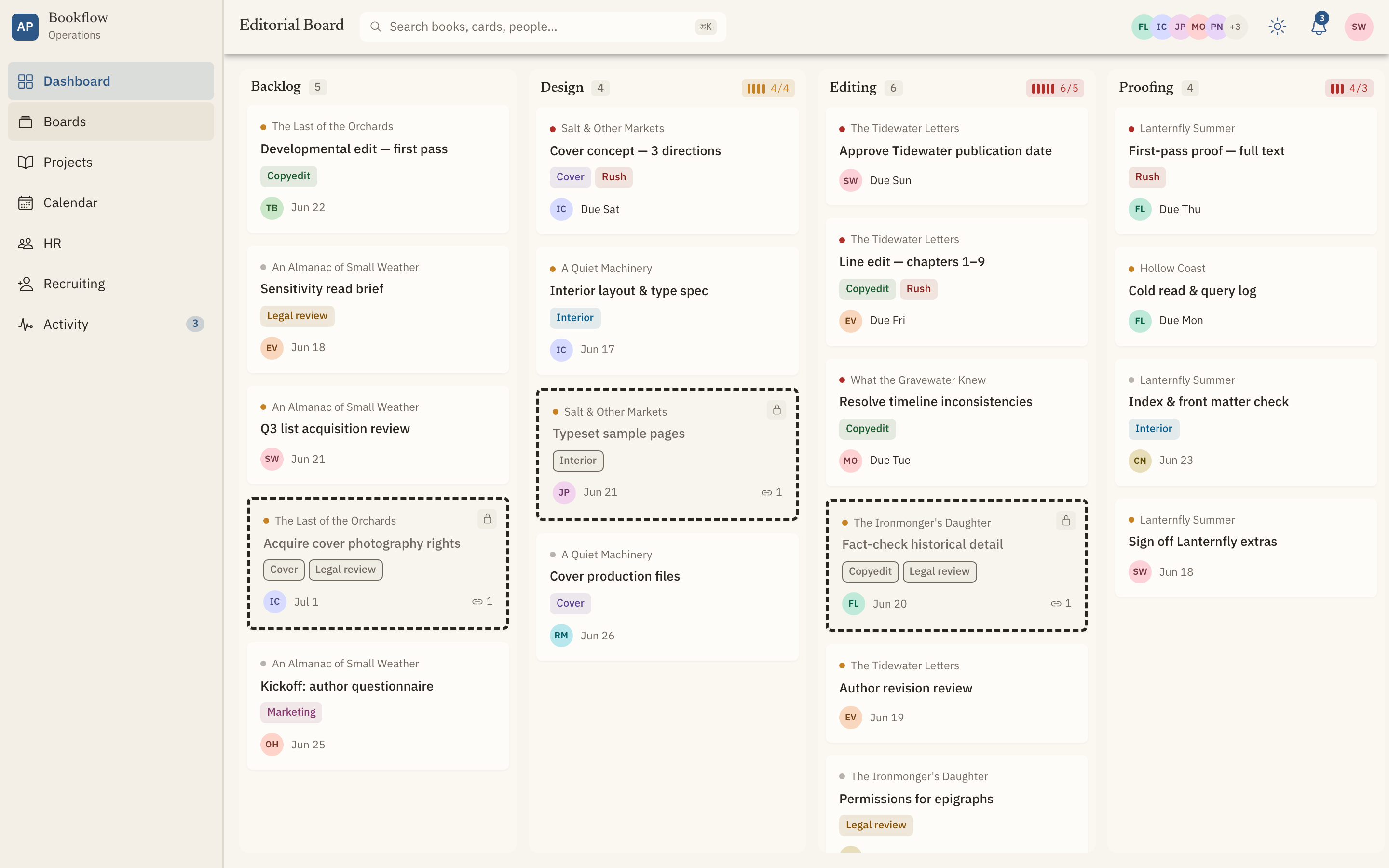 Bookflow editorial Kanban board with Backlog, Editing, Design, Proofing and Published columns, showing WIP counters, coloured label chips, and blocked cards drawn with dashed borders and a lock badge